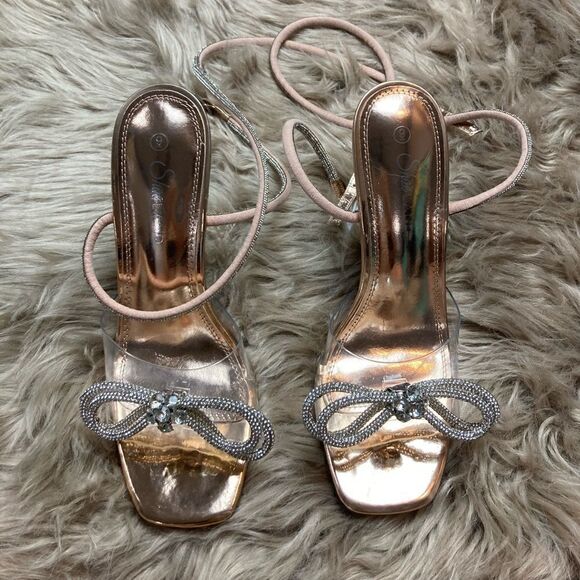 ShoeLand Clear Ankle Wrap Wedding Diamond Bow Detail Square Toe Perspex Heel - Picture 3 of 16